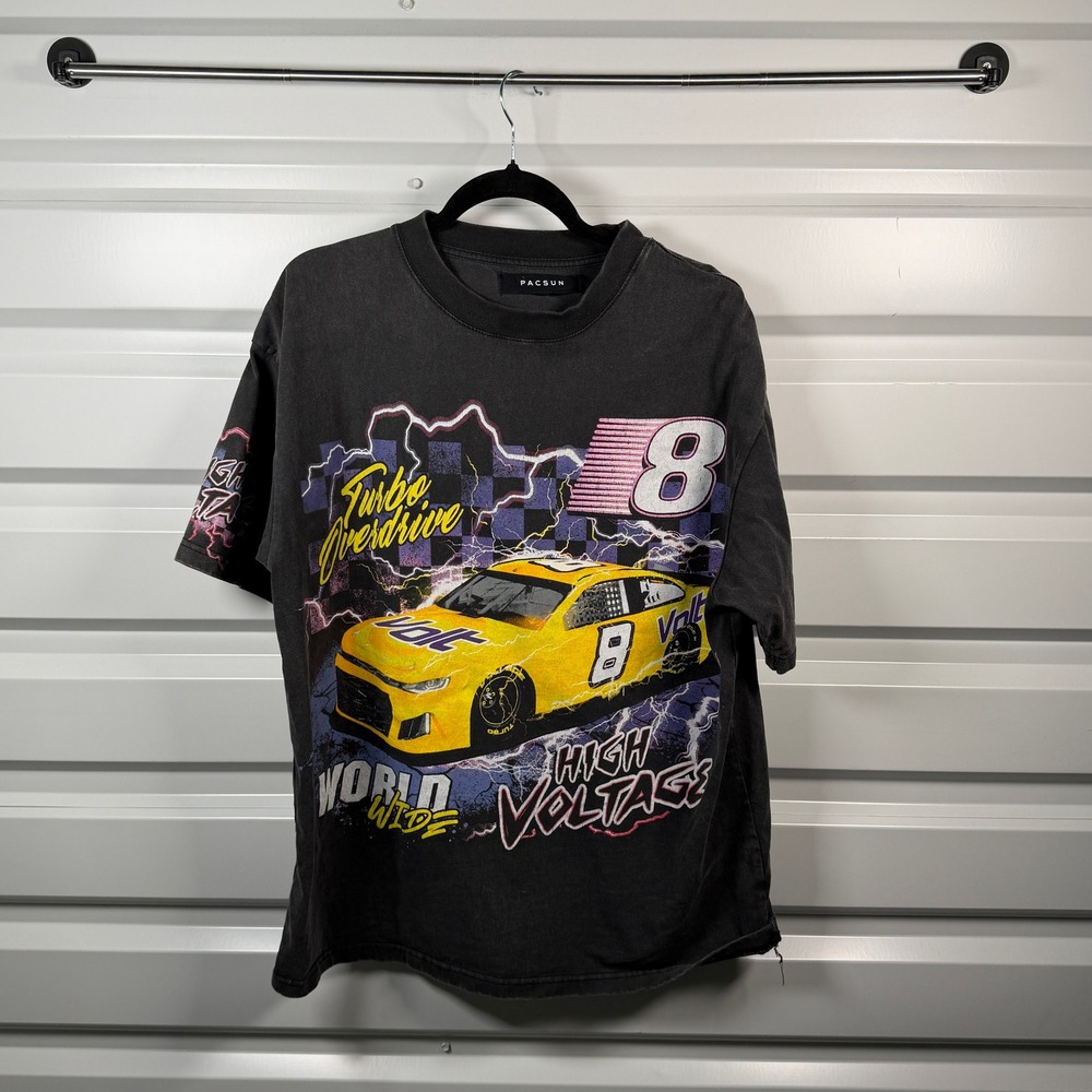 PacSun Turbo Overdrive Racing Graphic T-Shirt Washed Black High Voltage Womens